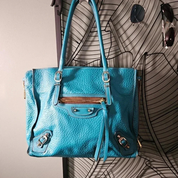 Gorgeous Turquoise Moto Genuine Leather Made in Italy Tote Bag - Picture 1 of 16